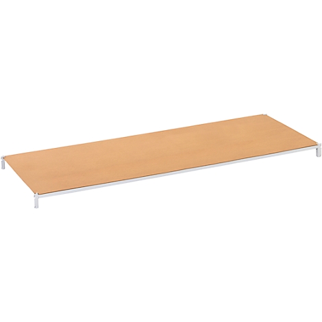 A rectangular brown table on white legs. The tabletop is made of wood or a similar material.