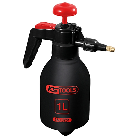 Schwarze KS TOOLS Drucksprühflasche mit rotem Pumpkopf und Griff. Fassungsvermögen 1L, Schriftzug 150.8251.