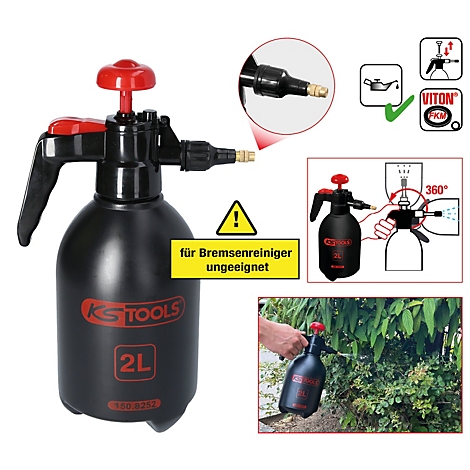 Schwarze 2L Sprühflasche mit rotem Pumpkopf. Achtung: Nicht für Bremsenreiniger geeignet.