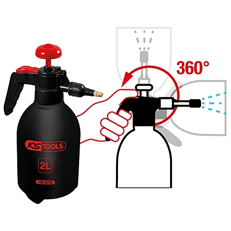 Schwarze Drucksprühflasche mit rotem Pumpkopf. Gezeigt wird die Anwendung und eine 360° Drehfunktion.