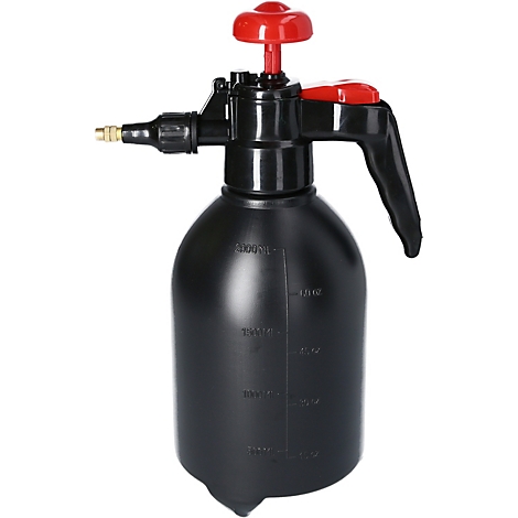Schwarze Sprühflasche mit rotem Griff und Knopf. Skalierung für Volumen auf der Seite.