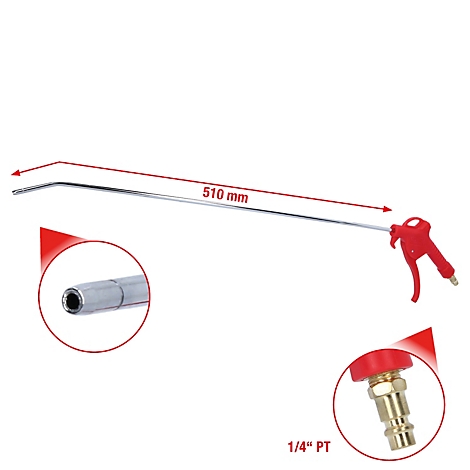 Druckluftpistole. Roter Griff, Metallrohr, Detailansichten von Düse und Anschluss.