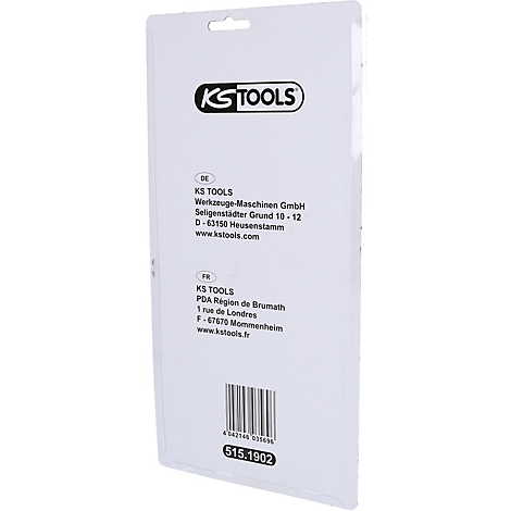 Weißes Produkt mit schwarzem Logo von KS TOOLS und Textinformationen auf Deutsch und Französisch, sowie einer Artikelnummer.