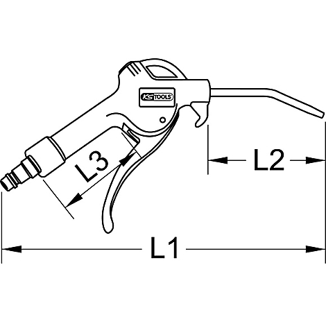 Schwarz-weiß Abbildung eines Druckluftbläsers mit Maßangaben (L1, L2, L3).