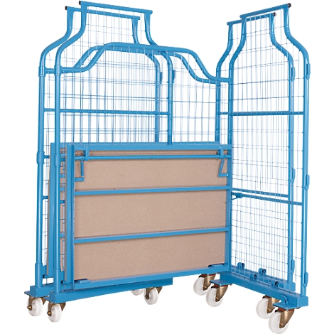 Blue roll container with metal grid and brown panel. On white castors.