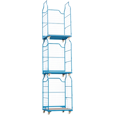 Blue rolling cart with three levels. Each level has a mesh basket and casters.