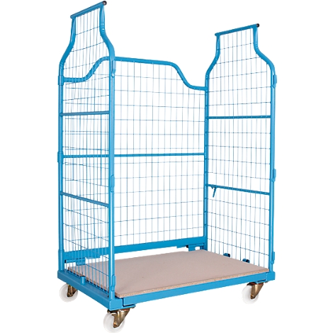Blue painted roll container with wire mesh and light brown loading area on castors.