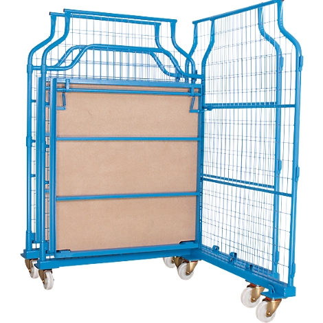 Blue rolling container with grid walls and wheels. The container is open.