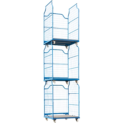 Blue rolling cart with wheels, three levels with grids, empty.