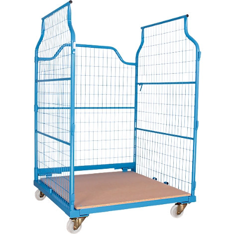 Blue rolling cart with wheels. The loading area is made of wood. The cart has a grid structure.