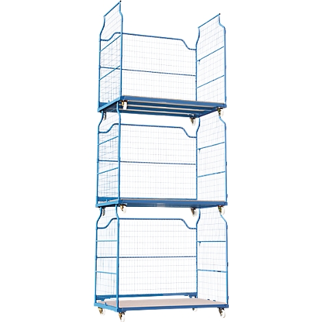 Blue, three-tiered transport cart with wheels and wire mesh sides.