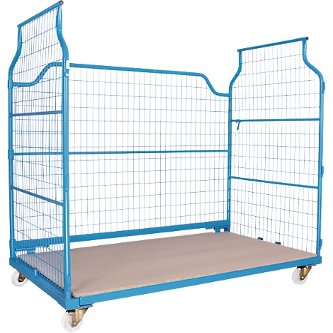 Blue trolley with wire mesh walls and castors. A beige base plate provides a storage surface.