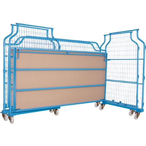 Blue roll container with grids and castors, on brown surface.