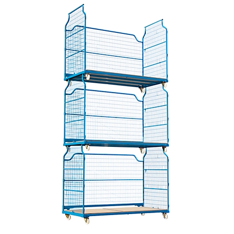 Blue rolling storage rack with three levels and grid walls.