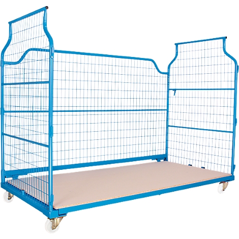Blue mesh trolley on wheels with beige base, on a white background. The mesh is fine-meshed.