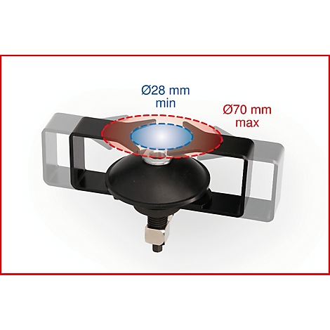 Schwarzer Saugnapf mit Halterung, Größenangaben Ø28 mm min und Ø70 mm max.