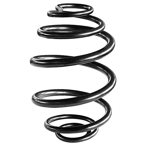 Schwarze Spiralfeder, freigestellt. Sie besteht aus Metall, die Form ist konisch.