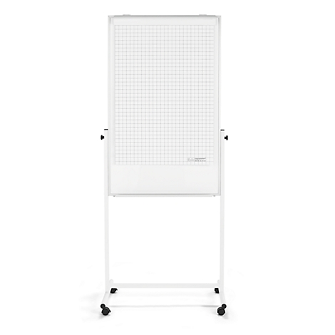 White flipchart on wheels. The grid on the writing surface and frame are clearly visible.