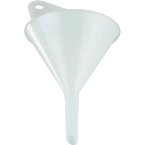 White plastic funnel, with handle and rounded opening.