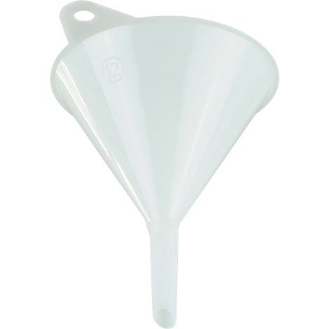 White funnel with handle. The vessel has a wide opening, a conical body, and a narrow spout.