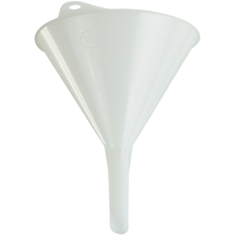 White funnel with hole and embossing.