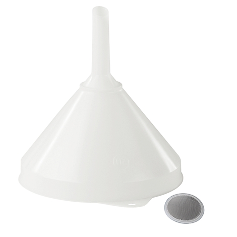 White funnel with a small sieve next to it.
