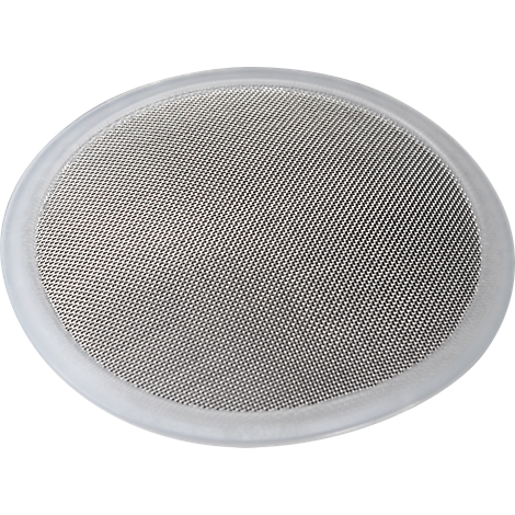 Round metal sieve with white frame. It has a close-meshed pattern.