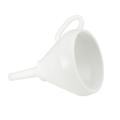 White funnel with handle on a white background. Conical shape, narrow spout.