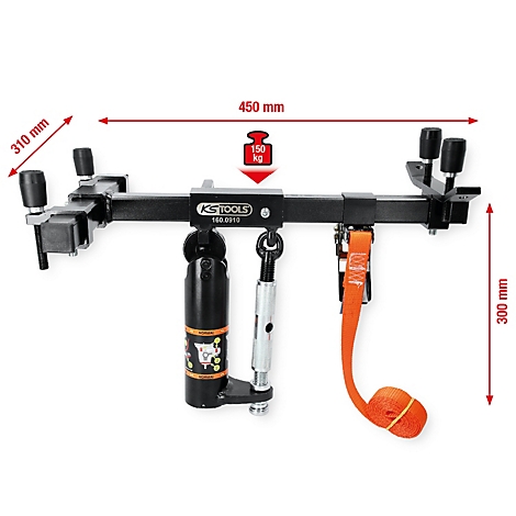 Schwarzes Werkzeug mit Maßangaben: 450 mm breit und 300 mm hoch. Orangefarbene Gurte und ein Gewicht von 150 kg sind ebenfalls zu sehen.