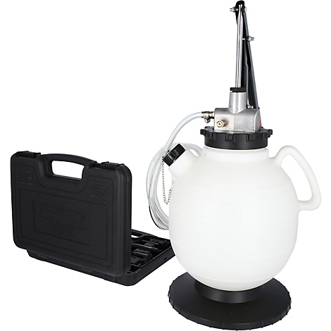 Weiße Ölwechselpumpe mit schwarzem Werkzeugkoffer.