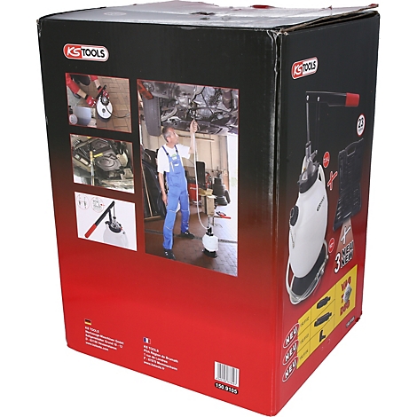 Karton mit Produktabbildungen, einer Person und Produktnamen. Oben links das Logo von KS TOOLS. Aufdrucke wie „NEU“ sind sichtbar.