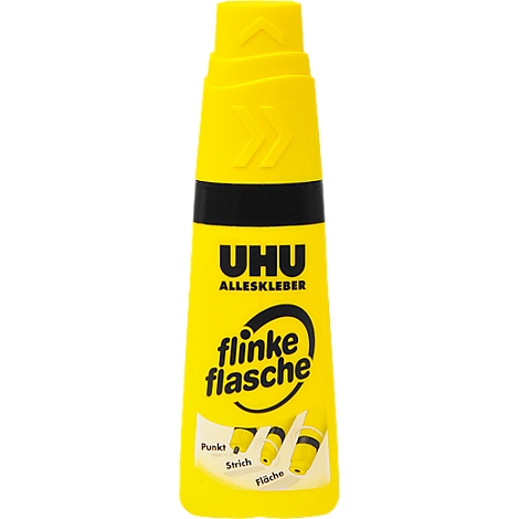 Yellow UHU all-purpose glue bottle with black lettering and illustration. Bottle with three glue application types.