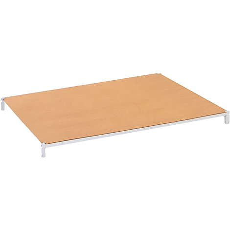 A rectangular, beige table on four white legs. The tabletop is made of wood or similar material.