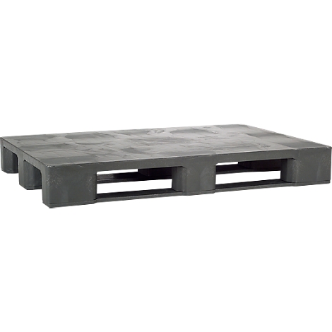 Gray, rectangular pallet made of plastic with several openings and feet.