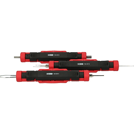 Drei schwarze Werkzeuge mit roten Enden liegen übereinander. Jedes hat eine andere Spitze.