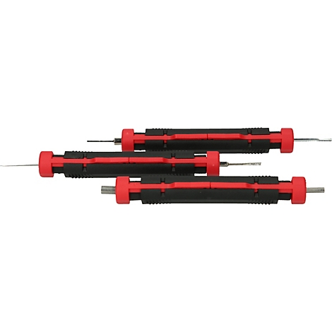 Nahaufnahme von vier schwarzen und roten Präzisionswerkzeugen, die nebeneinander liegen.