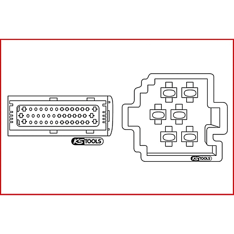 Zwei Stecker-Kontakte, links mit vielen Pins, rechts mit 6 Pins, beide mit Umrissen dargestellt. Logos von KS TOOLS.
