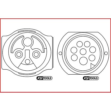 Zwei elektrische Stecker, links mit drei und rechts mit sieben Löchern, in Schwarzweiß auf rotem Hintergrund.