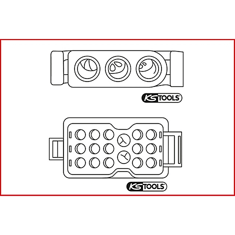 Zwei Darstellungen eines Steckers, oben mit drei Öffnungen, unten mit mehreren Pins, mit Logo KS TOOLS.