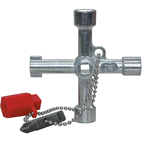 A silver multi-purpose key with a red cap and grey bit on a chain.