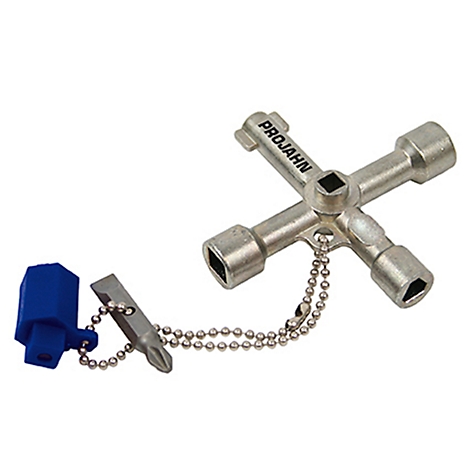 Metal cross key with chain and blue plastic part. One arm says PROJAHN.