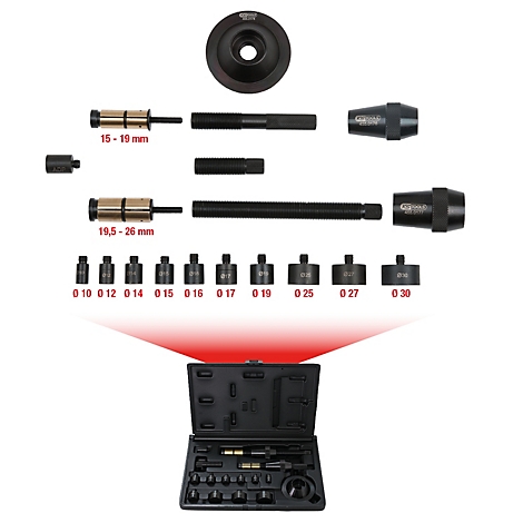 Werkzeugkoffer mit verschiedenen Werkzeugen zur Fahrzeugreparatur, wie Ausdrückern. Aufschriften: 15-19 mm, 19,5-26 mm, Ø10-30.