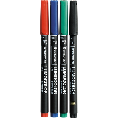 Four colored pens by Staedtler. Red, blue, green, and black. Inscription: Lumocolor permanent.