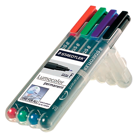 Five different colored felt-tip pens in a transparent package. Inscription: Staedtler Lumocolor permanent.