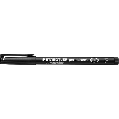 A black STAEDTLER Lumocolor permanent marker. The pen is horizontally aligned and shows lettering.