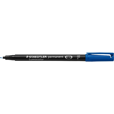 Blue Staedtler Lumocolor permanent marker with blue cap.