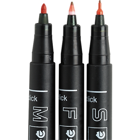 Three black felt-tip pens with red tips. The tips are of different thicknesses.