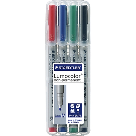 A package of four Staedtler Lumocolor non-permanent markers in red, blue, green, and black.