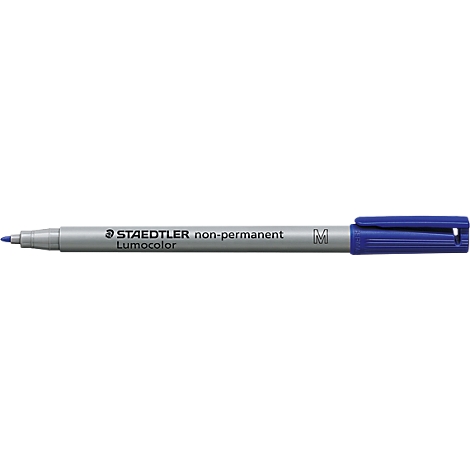 A blue Staedtler Lumocolor non-permanent pen. The pen has a gray tip and a blue cap.