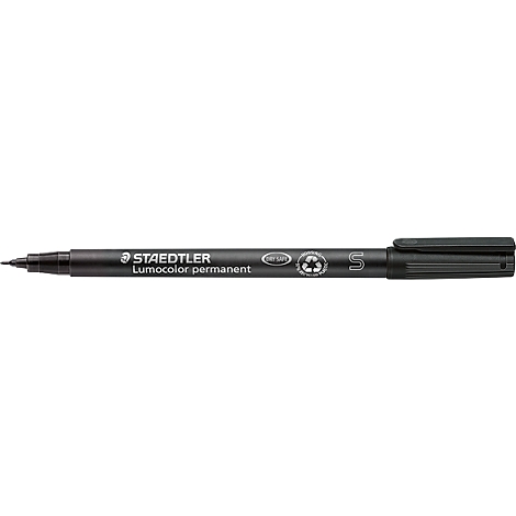 Black permanent marker with black cap, product name: STAEDTLER Lumocolor permanent, line width S.